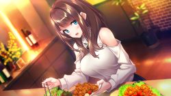 Rule 34 | 1girl, amakusa hisagi, azarashi soft, baffu, bare shoulders, blue eyes, blurry, blurry background, blush, bottle, breasts, brown hair, chopsticks, dutch angle, female focus, food, from above, game cg, holding, indoors, large breasts, light blush, long hair, looking at viewer, open mouth, plant, plate, salad, shirt, solo, table, tomato, tomodachi kara koibito e, white shirt
