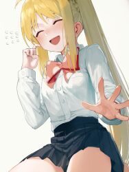 Rule 34 | 1girl, :d, ^ ^, absurdres, ahoge, black skirt, blonde hair, blush, bocchi the rock!, bow, bowtie, closed eyes, collared shirt, commentary, goback, grey background, highres, ijichi nijika, long hair, long sleeves, open mouth, pleated skirt, polka dot, polka dot bowtie, red bow, red bowtie, shirt, side ponytail, simple background, sitting, skirt, smile, solo, thighs, white shirt