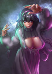 Rule 34 | 1girl, adapted costume, agearoth, breasts, cleavage, creatures (company), dress, fingernails, game freak, hairband, hex maniac (pokemon), large breasts, long fingernails, long hair, looking at viewer, nintendo, npc trainer, pokemon, pokemon xy, purple dress, purple eyes, solo, torn clothes