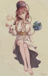 Rule 34 | 1girl, alternate costume, ancient greek clothes, bare legs, bare shoulders, barefoot, chain, choker, detached sleeves, earth (ornament), full body, gold chain, greco-roman clothes, hecatia lapislazuli, highres, lips, long hair, m (neteitai10), moon (ornament), off shoulder, peplos, planet, red eyes, red hair, simple background, toga, touhou