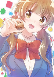 Rule 34 | 1girl, absurdres, blazer, blue jacket, blush, bow, brown eyes, brown hair, dice, earrings, happy, highres, houkago saikoro club, jacket, jewelry, long hair, looking at viewer, low twintails, nyaa (nnekoron), open mouth, red bow, school uniform, simple background, solo, standing, takayashiki aya, twintails, white background