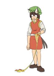 Rule 34 | 1girl, :3, absurdres, animal ears, arm at side, brown footwear, brown hair, cat ears, cat tail, chanta (ayatakaoisii), chen, closed mouth, earrings, flat chest, food, green hat, hat, highres, holding, holding food, jewelry, long sleeves, miniskirt, mob cap, multiple tails, nekomata, pizza, pizza slice, red skirt, red vest, shoes, simple background, skirt, slit pupils, solo, standing, tail, touhou, two tails, vest, white background