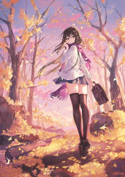Rule 34 | 1girl, artist name, atdan, autumn, autumn leaves, bag, bare tree, black skirt, black thighhighs, blazer, blue sky, blush, briefcase, brown eyes, brown hair, closed mouth, cloud, commentary request, evening, fringe trim, from behind, full body, ginkgo leaf, ginkgo tree, hair between eyes, hair ornament, hand up, highres, holding, holding bag, jacket, leaf, loafers, long hair, long sleeves, looking at viewer, looking back, miniskirt, original, outdoors, pink scarf, pleated skirt, purple scarf, revision, scarf, school bag, school briefcase, school uniform, shoe soles, shoes, signature, skirt, sky, smile, solo, standing, thighhighs, tree, very long hair, walking, white jacket, wind