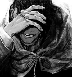 Rule 34 | 1boy, cloak, covering own eyes, facial hair, golden kamuy, greyscale, hand up, highres, long sleeves, male focus, monochrome, n9c4z, ogata hyakunosuke, open mouth, scar, scar on face, short hair, smile, solo, teeth