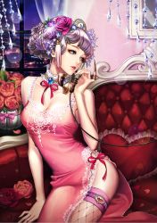 Rule 34 | 1girl, bad id, bad pixiv id, blue eyes, blunt bangs, braid, breasts, brooch, choker, cleavage, corded phone, couch, crystal, derivative work, detached collar, dress, eyelashes, female focus, fingernails, fishnet thighhighs, fishnets, flower, glint, hair flower, hair ornament, indoors, jewelry, lace, lens flare, light purple hair, lingerie, lips, looking away, looking to the side, medium breasts, night, on the phone, original, parted lips, petals, phone, pink dress, pinky out, pinup (style), red flower, red rose, red upholstery, revealing clothes, ribbon, rose, sakuredream, short hair, side slit, sitting, sleeveless, sleeveless dress, solo, tassel, thighhighs, tufted upholstery, underwear, updo, vase, window