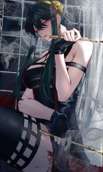 Rule 34 | 1girl, black dress, black hair, blood, cigarette, commentary request, dress, earrings, flower, hair between eyes, hair flower, hair ornament, highres, holding, holding weapon, jewelry, lipstick, long hair, looking at viewer, makeup, march ab, red eyes, sidelocks, solo, spy x family, strapless, strapless dress, thighhighs, twitter username, upper body, weapon, yor briar