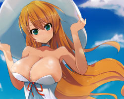 Rule 34 | 1girl, aqua eyes, bare shoulders, blonde hair, blush, breasts, choker, cloud, collarbone, day, dress, hands on headwear, hat, head tilt, highres, huge breasts, large breasts, long hair, looking at viewer, original, pon (shind 997), sky, solo, strapless, strapless dress, sun hat, sunglasses, upper body, very long hair