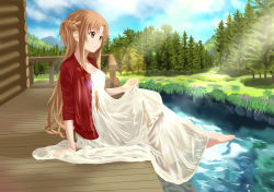 Rule 34 | 10s, 1girl, arm support, asuna (sao), barefoot, braid, brown eyes, brown hair, day, dress, feet, grass, highres, jacket, lens flare, long hair, river, sitting, skirt hold, sky, smile, solo, sword art online, tree, water