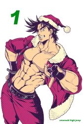 Rule 34 | 1boy, abs, alternate costume, bara, bare pectorals, battle tendency, black hair, christmas, come hither, cowboy shot, fabulous, fingerless gloves, gloves, hat, jojo no kimyou na bouken, joseph joestar, joseph joestar (young), konpane (ohj), large pectorals, looking at viewer, male focus, muscular, muscular male, no nipples, pectorals, sanpaku, santa costume, santa hat, solo, standing, thick eyebrows