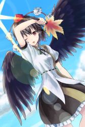 Rule 34 | 1girl, akizuki haruhi, arm up, black hair, black wings, blue sky, blush, cloud, day, dutch angle, hat, looking at viewer, one eye closed, open mouth, pom pom (clothes), puffy sleeves, red eyes, shameimaru aya, shirt, short hair, short sleeves, skirt, sky, solo, sunlight, sweatdrop, tokin hat, touhou, wings