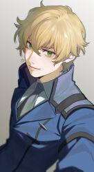 Rule 34 | 1boy, artist logo, blonde hair, blue jacket, closed mouth, collared shirt, commentary request, dress shirt, graham aker, green eyes, grey background, grey necktie, gundam, gundam 00, hair between eyes, highres, jacket, long sleeves, looking at viewer, male focus, necktie, shirt, short hair, simple background, smile, solo, upper body, ususio 11, white shirt