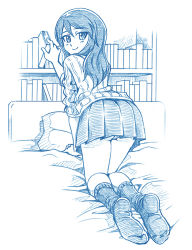 Rule 34 | 10s, 1girl, all fours, ass, bbb (friskuser), blue theme, bookshelf, cover, cover page, from behind, girls und panzer, greyscale, headboard, indoors, keizoku school uniform, kneeling, long hair, long sleeves, looking at viewer, looking back, mika (girls und panzer), miniskirt, monochrome, no headwear, on bed, panties, pantyshot, pillow, pleated skirt, revision, school uniform, shirt, skirt, smile, socks, solo, striped clothes, striped shirt, sweater, underwear, vertical-striped clothes, vertical-striped shirt