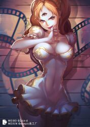 Rule 34 | 1girl, artist name, blush, breasts, brown eyes, brown hair, charlotte pudding, cleavage, curvy, dress, drill hair, grin, hand on own chest, highres, large breasts, lips, long hair, looking at viewer, miniskirt, one piece, open mouth, shiny skin, short dress, simple background, skirt, smile, smug, standing, translation request, twintails, very long hair, wide hips, zhang ding