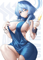 Rule 34 | 1girl, ako (blue archive), ako (dress) (blue archive), backless dress, backless outfit, blue archive, blue dress, blue eyes, blue hair, blue halo, breasts, cuffs, dress, hair between eyes, halo, handcuffs, highres, large breasts, long hair, official alternate costume, sideboob, simple background, sleeveless, sleeveless dress, solo, white background, xfate