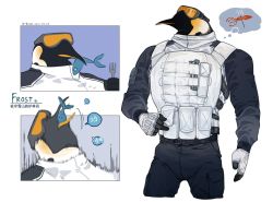 Rule 34 | 1boy, beak, belt, bird, bird boy, black pants, bulge, chinese text, cropped legs, eating, fingerless gloves, fish, furry, furry male, gloves, goggles, goggles on head, highres, k-bone, male focus, multiple views, muscular, muscular male, no eyes, octopus, original, pants, penguin, penguin boy, personification, thought bubble, translated, vest, white background