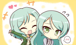 Rule 34 | +++, 2girls, :d, ^ ^, aqua hair, arm up, bang dream!, blush, blush stickers, border, braid, cardigan, chibi, closed eyes, commentary request, flying sweatdrops, green eyes, green jacket, grey cardigan, heart, highres, hikawa hina, hikawa sayo, jacket, jewelry, long hair, long sleeves, looking at viewer, multiple girls, necklace, open clothes, open jacket, open mouth, shirt, short hair, siblings, side braids, sidelocks, sisters, smile, spoken blush, swept bangs, teen (teen629), twins, upper body, white background, white shirt, yellow border, |d