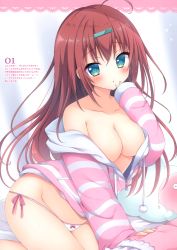 Rule 34 | 1girl, absurdres, ahoge, breasts, cleavage, collarbone, drawstring, green eyes, groin, hair ornament, hairclip, hand up, highres, jacket, large breasts, long hair, looking at viewer, no bra, no pants, off shoulder, original, panties, parted lips, picpicgram, pink jacket, red hair, scan, side-tie panties, solo, striped clothes, striped jacket, underwear, white panties