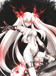 Rule 34 | 10s, 1girl, abyssal ship, breasts, crotch plate, glowing, glowing eyes, hair over one eye, highres, kantai collection, long hair, onaya masakazu, pale skin, red eyes, solo, southern ocean war princess, topless, twintails, very long hair, white hair