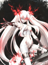 10s 1girl abyssal_ship breasts crotch_plate female_focus glowing glowing_eyes hair_over_one_eye highres kantai_collection long_hair onaya_masakazu pale_skin red_eyes solo southern_ocean_war_princess topless twintails very_long_hair white_hair