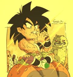 Rule 34 | 1boy, animal, bah (dragon ball), black eyes, black hair, boots, broly (dragon ball super), candy, candy bar, chewing, chibi, clenched teeth, clothes around waist, commentary request, day, dragon ball, dragon ball super, dragon ball super broly, drooling, eating, scar on face, fenyon, fingernails, food, food on face, full body, holding, holding food, crossed legs, light rays, male focus, muscular, outdoors, purple legwear, red eyes, saliva, scar, scar on cheek, scar on face, topless male, sitting, spiked hair, sunlight, teeth, torn clothes, torn legwear, twitter username, waist cape, white footwear, wristband
