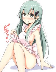 Rule 34 | 10s, 1girl, aikawa ryou, apron, aqua hair, arm support, blush, breasts, collarbone, green eyes, grin, hair between eyes, hair ornament, hairclip, highres, kantai collection, long hair, looking at viewer, medium breasts, naked apron, pink apron, shadow, sideboob, simple background, sitting, smile, solo, suzuya (kancolle), translation request, upper body, white background