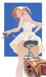 Rule 34 | 1girl, absurdres, at wang, bare legs, bicycle, blue eyes, dress, earrings, expressionless, from behind, highres, jewelry, long hair, looking at viewer, looking back, orange hair, original, panties, riding, riding bicycle, short dress, simple background, solo, standing, summer, underwear, white dress, white panties