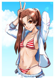Rule 34 | bikini, breasts, brown eyes, brown hair, cloud, cloudy sky, girls und panzer, hair ribbon, highres, jacket, kadotani anzu, light smile, long hair, navel, nishi itsumi, open clothes, open jacket, pants, parted bangs, ribbon, sky, small breasts, stomach, stomach day, striped bikini, striped clothes, swimsuit, thong, thong bikini, twintails, v, white jacket, wide hips