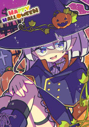 Rule 34 | 1girl, absurdres, boots, fang, halftone, halloween, happy halloween, hat, hat ornament, highres, jack-o&#039;-lantern, jack-o&#039;-lantern hat ornament, jitome, knees up, long hair, looking at viewer, open mouth, original, plant, pointy ears, pumpkin, purple eyes, shaded face, sitting, slit pupils, smile, socks, solo, thigh strap, tombstone, usa motou, vines, white hair, witch, witch hat