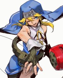 Rule 34 | 1boy, bare shoulders, bike shorts, black gloves, blonde hair, blue eyes, bridget (guilty gear), cross, cuffs, fingerless gloves, gloves, guilty gear, guilty gear xx, habit, hair between eyes, hand up, highres, knee up, looking to the side, male focus, mars symbol, nun, one eye closed, open mouth, oversized object, ribbon, simple background, sleeveless, smile, solo, standing, standing on one leg, teeth, trap, uncle rabbit ii, white background, wrist cuffs, yellow ribbon, yo-yo