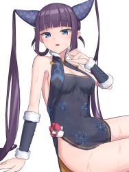 Rule 34 | 1girl, bare shoulders, black dress, blue eyes, blunt bangs, blush, breasts, china dress, chinese clothes, cleavage, detached sleeves, dress, elfenlied22, fate/grand order, fate (series), hair ornament, highres, leaf hair ornament, long hair, looking at viewer, open mouth, purple hair, side slit, sidelocks, simple background, sitting, thighs, twintails, very long hair, yang guifei (fate), yang guifei (second ascension) (fate)