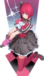 Rule 34 | 1girl, arima kana, black footwear, black headwear, black skirt, bob cut, closed mouth, gloves, highres, holding, holding microphone, idol, idol clothes, inverted bob, looking at viewer, microphone, oshi no ko, pink gloves, pretty-purin720, red eyes, red hair, red shirt, red socks, shirt, short hair, skirt, socks