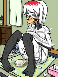 Rule 34 | 1girl, beak, bird girl, black skin, blush, colored skin, drawer, duck print, egg, egg laying, egg print, feathers, flat color, furry, indoors, open mouth, original, panties, panties around leg, pussy juice, saliva, sitting, sitting on towel, solo, stained panties, starman (artist), sweat, nervous sweating, tissue, toenails, towel, underwear, used tissue, wince