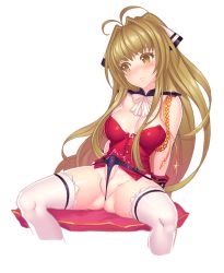 Rule 34 | 10s, 1futa, amagi brilliant park, black panties, blonde hair, blush, boots, breasts, brown eyes, bulge, bustier, corsage, erection, erection under clothes, fiodo, futanari, hair ribbon, light brown hair, long hair, looking away, micro panties, no pants, no testicles, panties, partially visible vulva, penis, pillow, ribbon, sento isuzu, sitting, solo, spread legs, thigh boots, thighhighs, transparent background, underwear, very long hair, white thighhighs