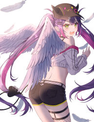 Rule 34 | 1girl, absurdres, angel wings, ass, bare shoulders, belt, bibi (tokoyami towa), black choker, black shorts, choker, clothing cutout, cowboy shot, crop top, cropped jacket, demon tail, fake horns, fang, feathered wings, feathers, fishnet thighhighs, fishnets, from behind, green eyes, heart cutout, highres, hololive, horned headwear, horns, jacket, long hair, long sleeves, looking at viewer, looking back, midriff, multicolored hair, nacho (nacho 1103), off shoulder, open mouth, purple hair, short shorts, shorts, single thighhigh, solo, spaghetti strap, standing, streaked hair, tail, tail through clothes, thigh strap, thighhighs, thighs, tokoyami towa, twintails, very long hair, virtual youtuber, white jacket, wings