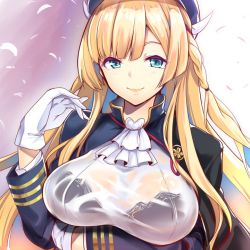 Rule 34 | 1girl, ascot, azur lane, black cape, blonde hair, blue eyes, blue hat, blush, bra visible through clothes, braid, breast hold, breasts, cape, closed mouth, fake horns, framed breasts, gloves, hat, horns, kongou (azur lane), large breasts, long hair, long sleeves, looking at viewer, military, military hat, military uniform, muneshiro (hitsuji kikaku), see-through, sidelocks, smile, solo, uniform, upper body, white ascot, white gloves