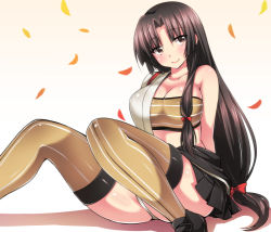 Rule 34 | 10s, 1girl, bandeau, breasts, brown eyes, brown hair, female focus, kantai collection, large breasts, long hair, low-tied long hair, miniskirt, panties, pantyshot, pleated skirt, shouhou (kancolle), sitting, sk02, skirt, solo, strapless, striped, thighhighs, tube top, underwear, very long hair