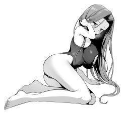 Rule 34 | 1girl, ass, bare shoulders, barefoot, blush, breasts, fate/stay night, fate (series), forehead, greyscale, highleg, highleg swimsuit, large breasts, legs, long hair, looking at viewer, medusa (fate), medusa (rider) (fate), monochrome, name tag, one-piece swimsuit, parted bangs, sidelocks, solo, swimsuit, very long hair, vivi (eve no hakoniwa)