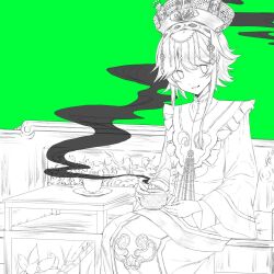 Rule 34 | 1other, alternate costume, androgynous, chinese clothes, chinese commentary, commentary request, crown, cup, frills, gas wf, green background, greyscale with colored background, holding, houlen yabusame, layered sleeves, len&#039;en, long sleeves, open mouth, other focus, short hair with long locks, simple background, sitting, smile, smoke, solo, tabard, teacup