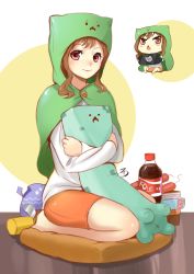 Rule 34 | 1girl, absurdres, bad id, bad pixiv id, brown hair, chibi, cosplay, creeper, doma umaru, doma umaru (cosplay), highres, himouto! umaru-chan, looking at viewer, minecraft, red eyes, smile, solo focus, steamed egg