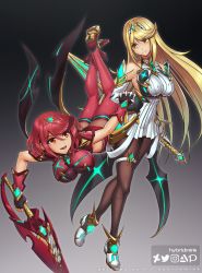 Rule 34 | 2girls, aegis sword (xenoblade), bare shoulders, black gloves, black legwear, blonde hair, breasts, chest jewel, dress, dual persona, earrings, elbow gloves, female focus, fingerless gloves, gem, gloves, headpiece, holding, holding sword, holding weapon, hybridmink, jewelry, large breasts, long hair, matching hair/eyes, multiple girls, mythra (massive melee) (xenoblade), mythra (xenoblade), nintendo, pantyhose, patreon username, pyra (xenoblade), red eyes, red hair, red legwear, red shorts, short dress, short hair, short shorts, shorts, super smash bros., swept bangs, sword, thigh strap, thighhighs, tiara, very long hair, watermark, weapon, web address, white dress, white gloves, xenoblade chronicles (series), xenoblade chronicles 2, yellow eyes