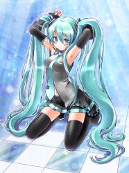 aqua_eyes aqua_hair armpit_crease armpits detached_sleeves hatsune_miku headset highres iinano_(inanosuke) long_hair looking_at_viewer navel seiza sitting twintails very_long_hair vocaloid