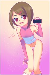 Rule 34 | 1girl, blush, bottomless, brown hair, cellphone, cleft of venus, digimon, digimon adventure, drantyno, fingerless gloves, gloves, gradient background, hair ornament, hairclip, highres, holding, looking at viewer, navel, open mouth, orange background, phone, pink background, pink eyes, pink gloves, pink shirt, pussy, shirt, short hair, sleeveless, smartphone, smile, socks, sparkle, standing, teeth, two-tone background, white shirt, white socks, yagami hikari