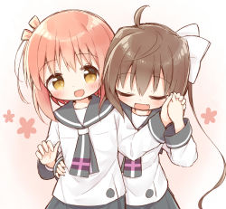 Rule 34 | 2girls, :d, ayanepuna, blush, bow, brown eyes, brown hair, closed eyes, commentary request, fang, gradient background, grey neckwear, grey sailor collar, grey skirt, hair between eyes, hair bow, hand on another&#039;s waist, highres, holding hands, ichinose hana, long hair, long sleeves, momochi tamate, multiple girls, open mouth, pink background, pleated skirt, sailor collar, school uniform, serafuku, shirt, skirt, sleeves past wrists, slow start, smile, twintails, very long hair, white bow, white shirt