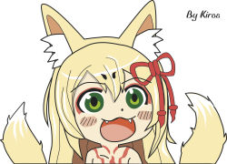 Rule 34 | 1girl, :3, :d, aged up, animal ear fluff, animal ears, artist name, bare shoulders, blonde hair, blush, blush stickers, bow, chibi, dot nose, english text, eyebrows, eyelashes, eyeliner, fang, fang out, fangs, fox ears, fox tail, fur, green eyes, gyate gyate, hair bow, hair ornament, highres, kiros, kitsune, long hair, makeup, meme, mon-musu quest!, monster girl, multiple tails, open mouth, portrait, signature, simple background, sleeveless, smile, solo, tail, tamamo (mon-musu quest!), tattoo, teeth, twintails, two tails, upper body, very long hair, white background