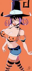 Rule 34 | 1girl, blair (soul eater), breasts, choker, cleavage, denim, denim shorts, hat, highres, large breasts, looking at viewer, midriff, navel, purple hair, shiny skin, short shorts, shorts, sidelocks, soul eater, starfinga, striped clothes, striped thighhighs, thighhighs, witch hat, yellow eyes