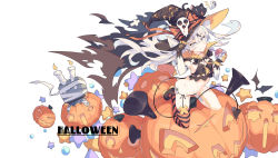 Rule 34 | 1girl, absurdres, alternate costume, amatsukaze (kancolle), animal, black cat, candle, candy, cat, fang, food, hair between eyes, halloween, halloween costume, hat, highres, jack-o&#039;-lantern, kantai collection, litsvn, long hair, pumpkin, rensouhou-kun, silver hair, single thighhigh, smile, solo, striped clothes, striped thighhighs, thighhighs, two side up, white background, witch hat, yellow eyes