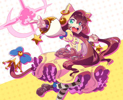 Rule 34 | 1girl, :d, animal hood, aqua eyes, bell, belt, blue bow, blush, boots, bow, brown belt, brown footwear, brown hair, buttons, cat hood, cat tail, dress, frilled dress, frills, hair between eyes, hood, hood up, index finger raised, jingle bell, lasy, long hair, long sleeves, open mouth, original, pantyhose, petticoat, pouch, puffy long sleeves, puffy sleeves, scrunchie, short hair with long locks, silhouette, smile, solo, sparkle, star (symbol), striped clothes, striped pantyhose, tail, tail bow, tail ornament, teeth, tongue, wristband, yellow dress