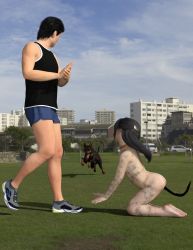 Rule 34 | 1boy, 1girl, 3d, absurdres, age difference, artist request, bdsm, black hair, blush, breasts, butt plug, daz, dirty, dog, highres, kneeling, nude, sex toy, small breasts, sportswear, tail