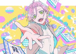 Rule 34 | 1boy, androgynous, blouse, collared shirt, earrings, green eyes, highres, jacket, jewelry, katagiri ikumi, looking at viewer, male focus, multicolored background, multicolored clothes, open mouth, pink hair, pink jacket, robin laffite, shirt, smile, solo, stud earrings, visual prison, white shirt