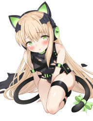 Rule 34 | 1girl, animal ear headphones, animal ears, arm strap, arm support, bare shoulders, between legs, black leotard, blonde hair, blush, bow, breasts, brown hair, cat ear headphones, cat ears, cat tail, character name, damaged, fake animal ears, girls&#039; frontline, gloves, green eyes, groin, hair between eyes, hand between legs, headphones, highres, leotard, long hair, looking at viewer, open mouth, ribbon, sidelocks, small breasts, solo, squatting, tail, thigh strap, thighs, tmp (girls&#039; frontline), torn clothes, torone (emerada121), very long hair
